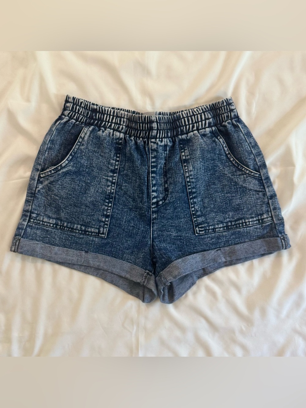 Sky & Sparrow Stretchy Waist Cotton Shorts, Cuffed Hem, Dark Wash Denim, Size XS
